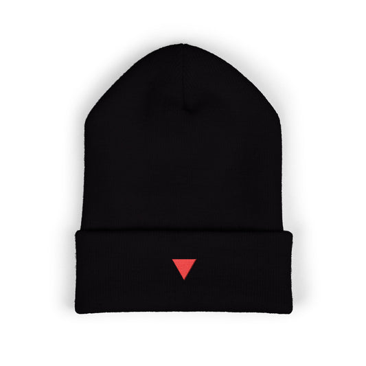 Embroidered Red Triangle Beanie — Classic Cuffed Knit Hat