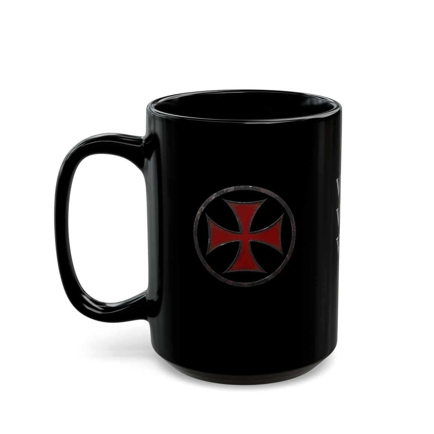 Veni Vidi Vici Black Mug with Red Maltese Cross – 11oz/15oz Ceramic Coffee Cup