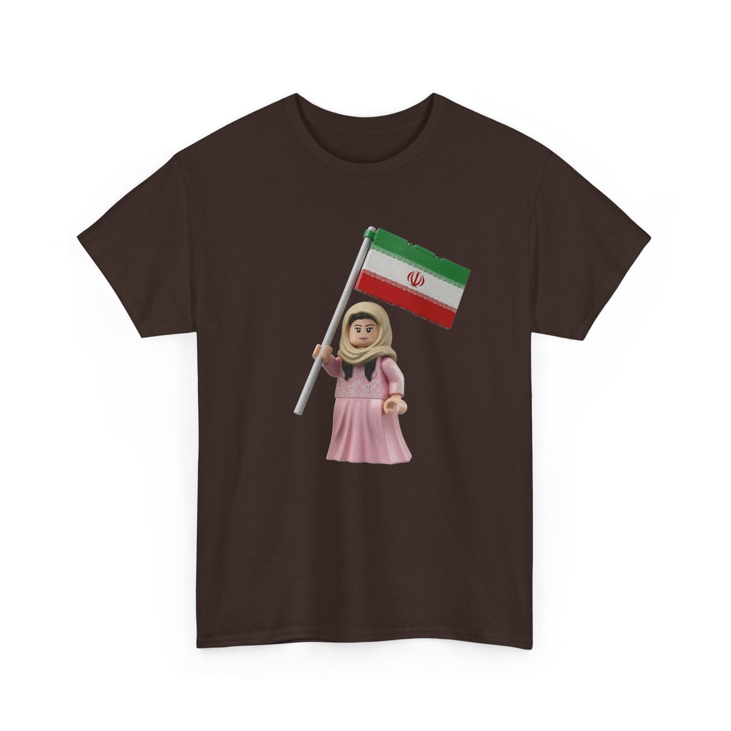 Iran Flag Girl T‑Shirt — Cute Lego‑Style Figure Holding Iranian Flag
