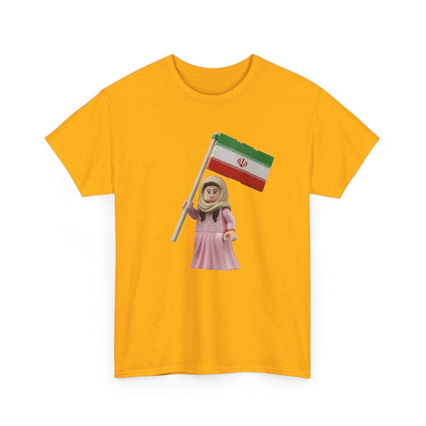 Iran Flag Girl T‑Shirt — Cute Lego‑Style Figure Holding Iranian Flag