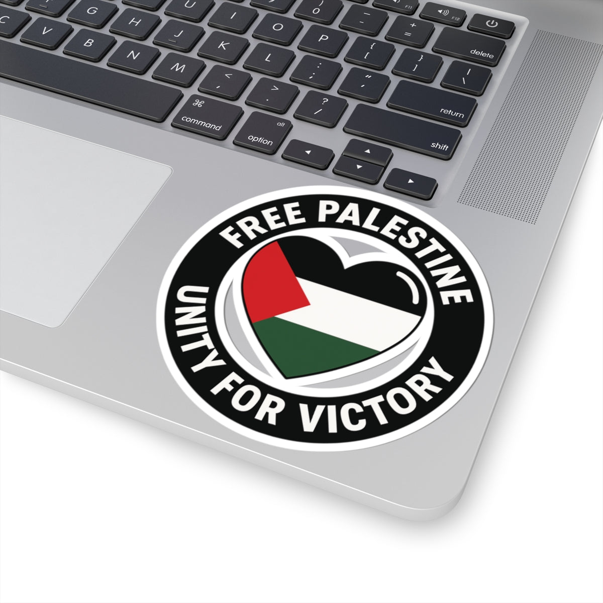 Free Palestine Kiss-Cut Sticker — Unity for Victory Heart Flag