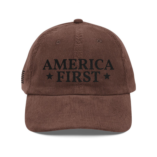America First Vintage Corduroy Cap — Embroidered Patriotic Baseball Hat
