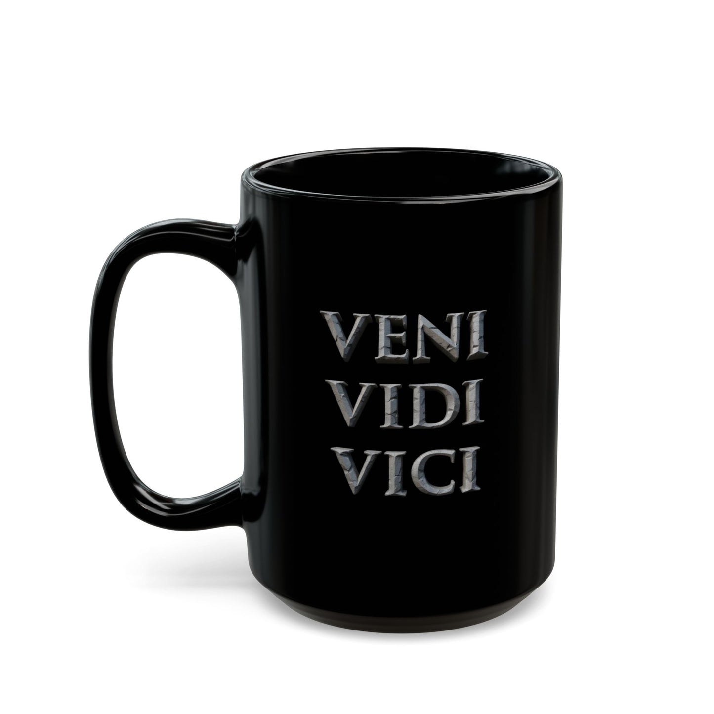 Veni Vidi Vici ("I came, I saw, I conquered," - Julius Caesar) Black Mug — 15oz Classic Latin Quote Coffee Mug