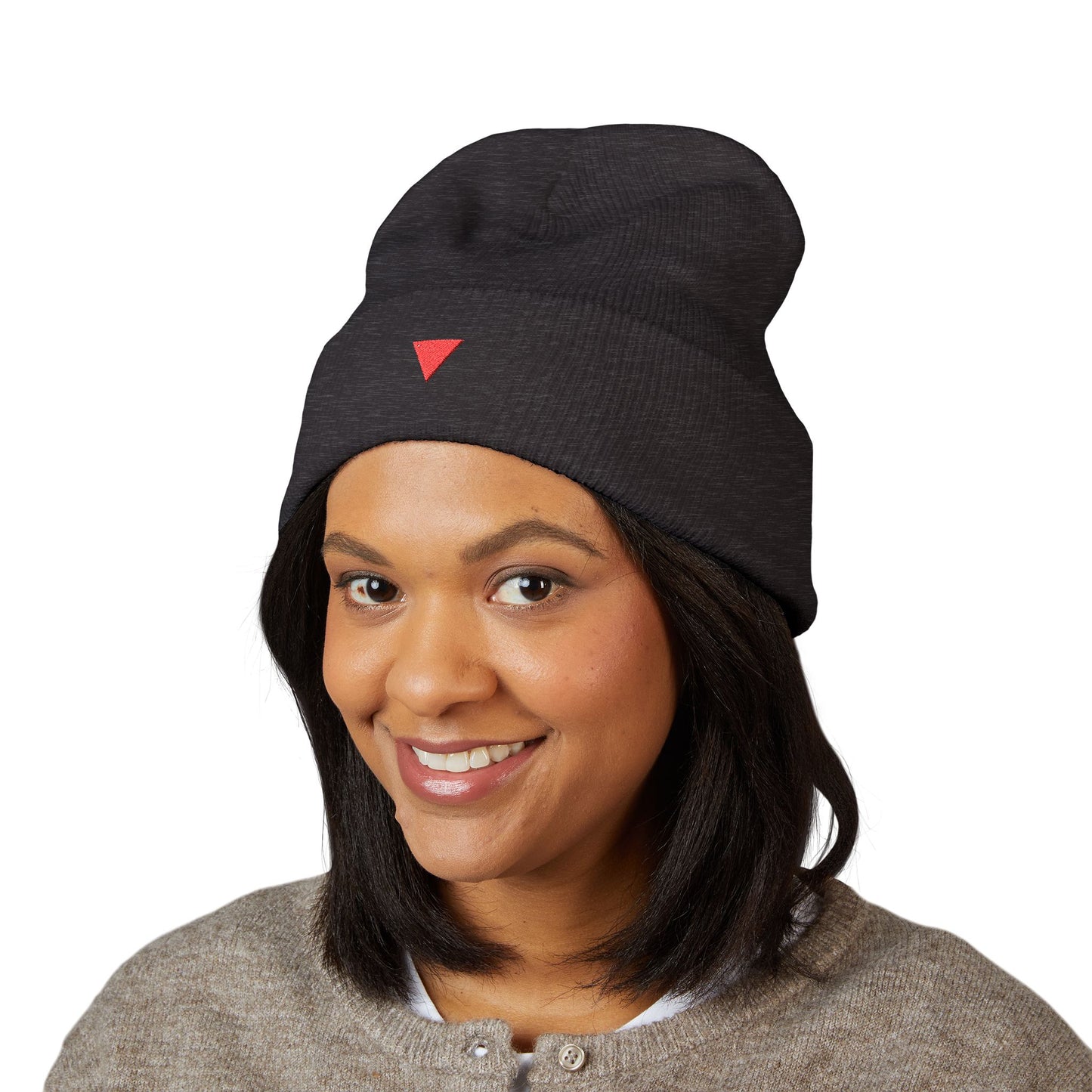 Embroidered Red Triangle Beanie — Classic Cuffed Knit Hat