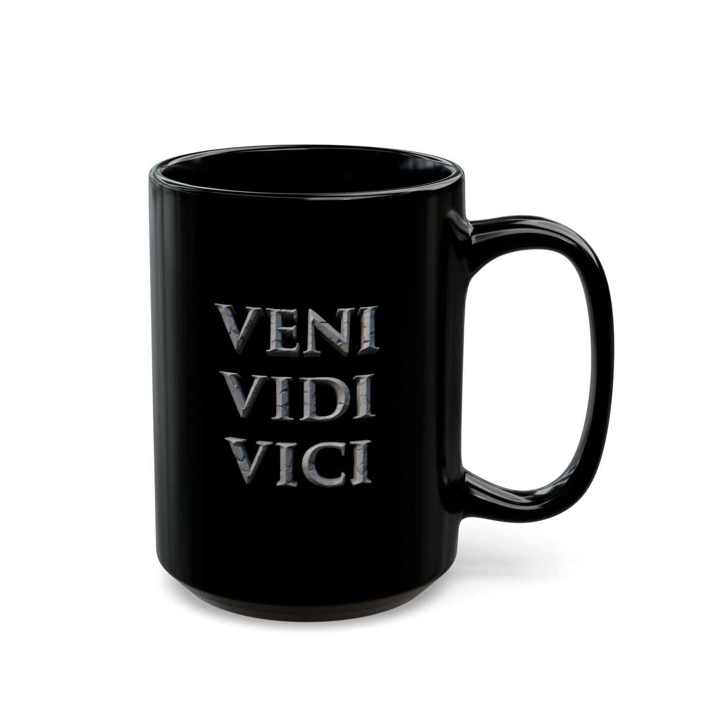 Veni Vidi Vici ("I came, I saw, I conquered," - Julius Caesar) Black Mug — 15oz Classic Latin Quote Coffee Mug