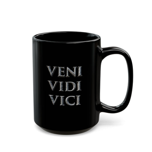 Veni Vidi Vici ("I came, I saw, I conquered," - Julius Caesar) Black Mug — 15oz Classic Latin Quote Coffee Mug