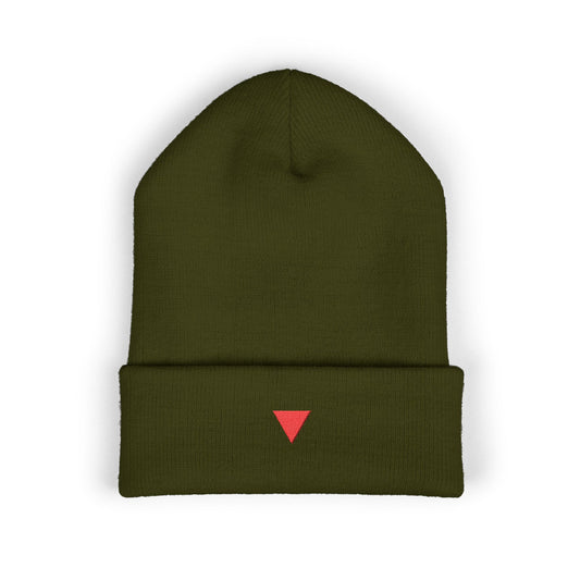 Embroidered Red Triangle Beanie — Classic Cuffed Knit Hat