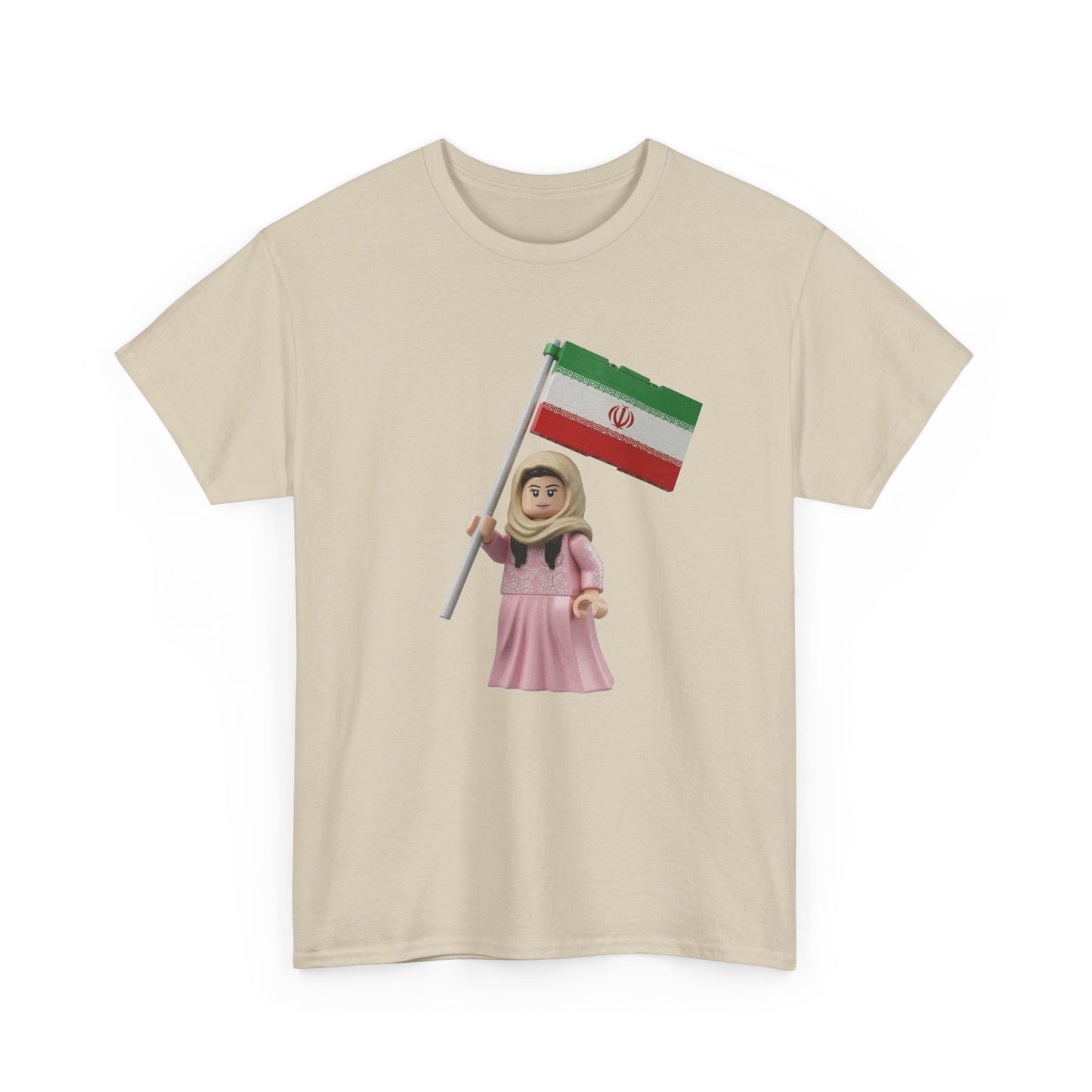 Iran Flag Girl T‑Shirt — Cute Lego‑Style Figure Holding Iranian Flag