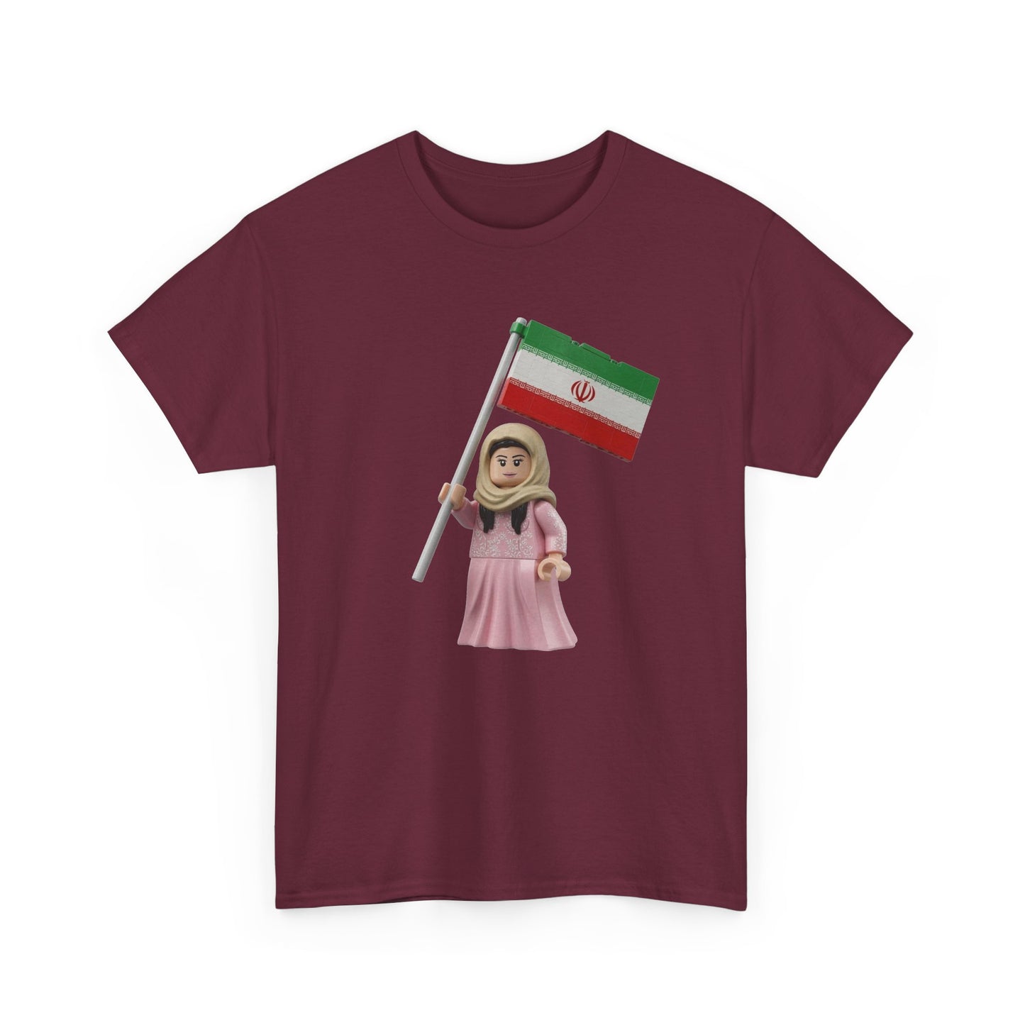 Iran Flag Girl T‑Shirt — Cute Lego‑Style Figure Holding Iranian Flag