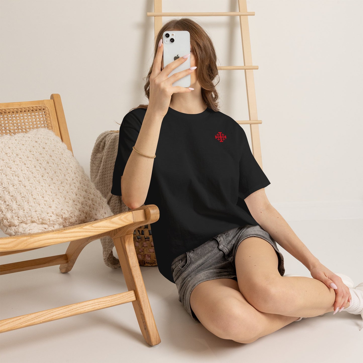 T-Shirt — Minimal Red Jerusalem Cross Chest Tee