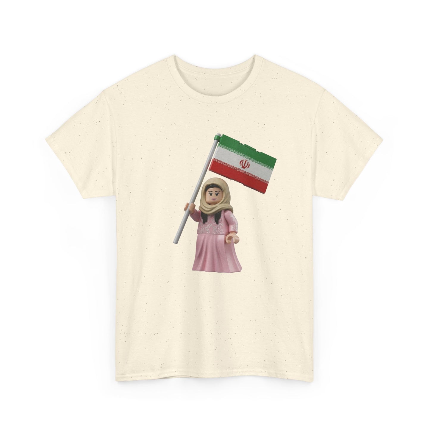 Iran Flag Girl T‑Shirt — Cute Lego‑Style Figure Holding Iranian Flag