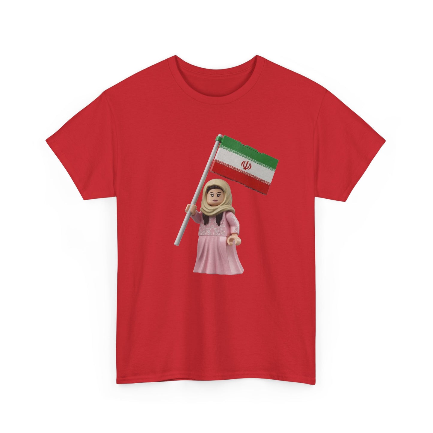 Iran Flag Girl T‑Shirt — Cute Lego‑Style Figure Holding Iranian Flag