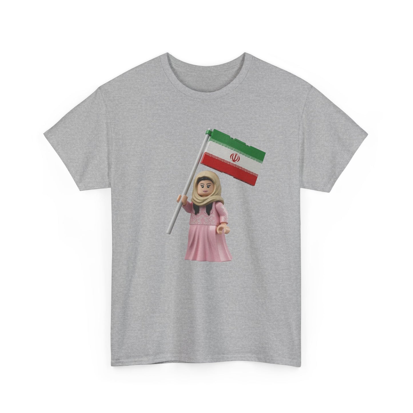 Iran Flag Girl T‑Shirt — Cute Lego‑Style Figure Holding Iranian Flag