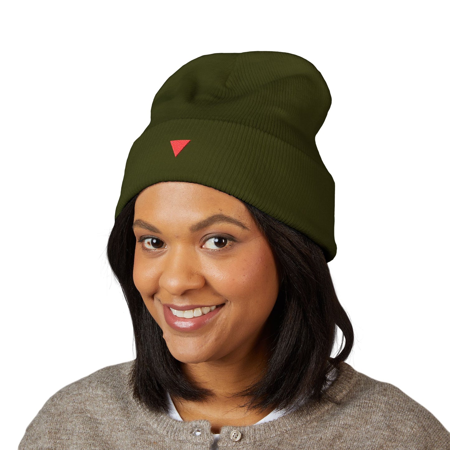 Embroidered Red Triangle Beanie — Classic Cuffed Knit Hat