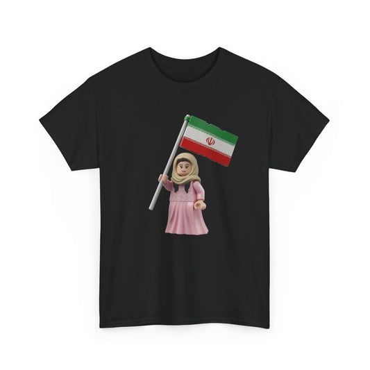 Iran Flag Girl T‑Shirt — Cute Lego‑Style Figure Holding Iranian Flag