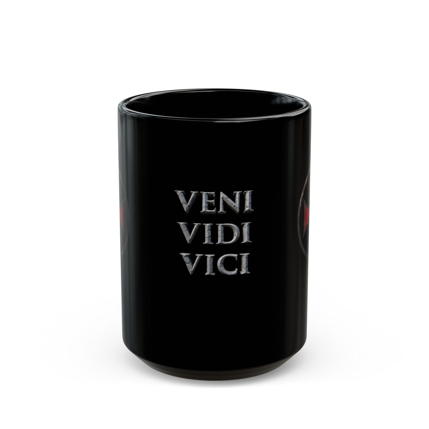 Veni Vidi Vici Black Mug with Red Maltese Cross – 11oz/15oz Ceramic Coffee Cup