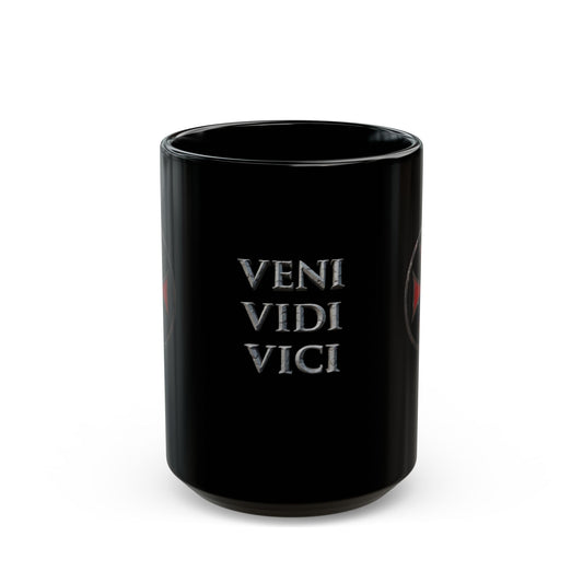 Veni Vidi Vici Black Mug with Red Maltese Cross – 11oz/15oz Ceramic Coffee Cup