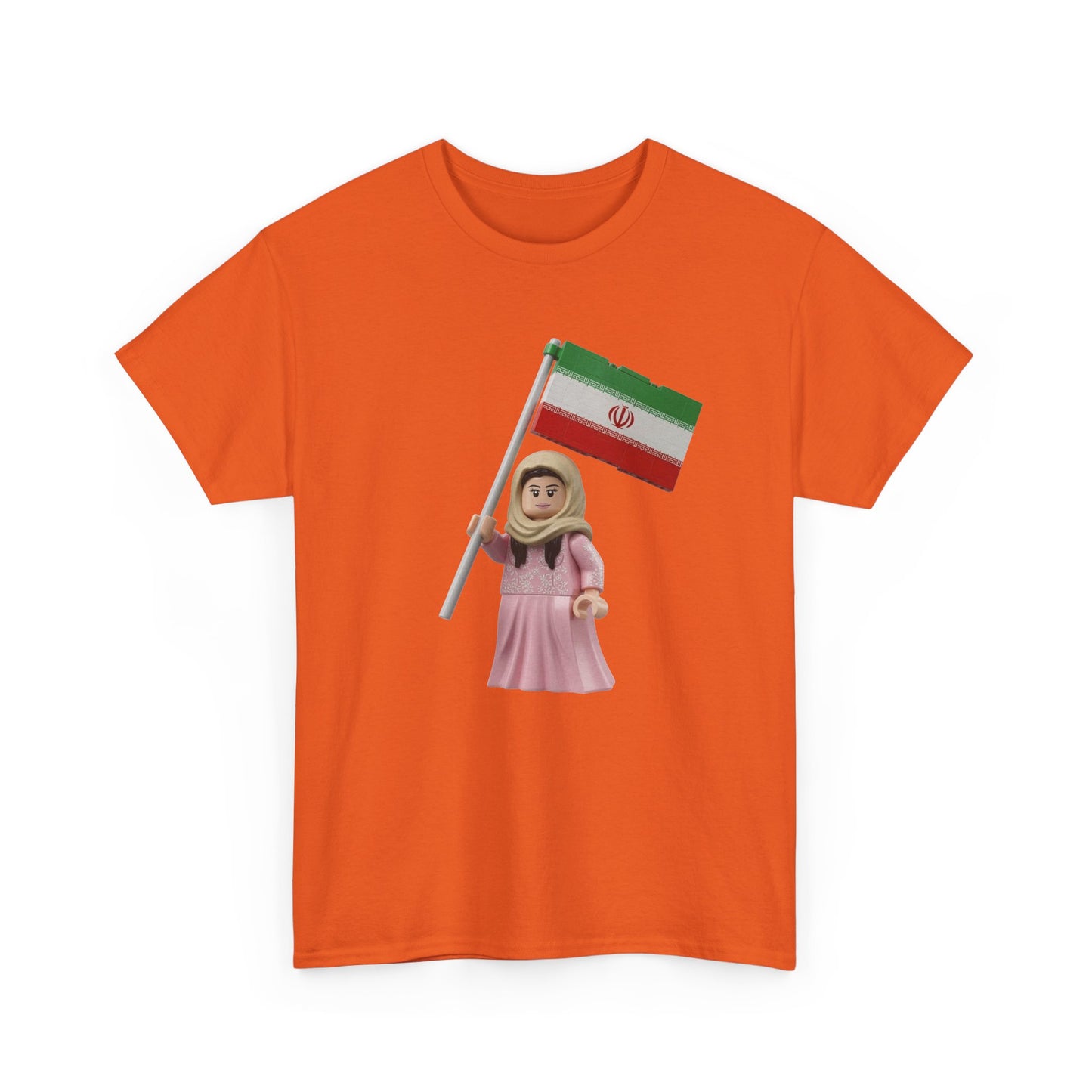 Iran Flag Girl T‑Shirt — Cute Lego‑Style Figure Holding Iranian Flag