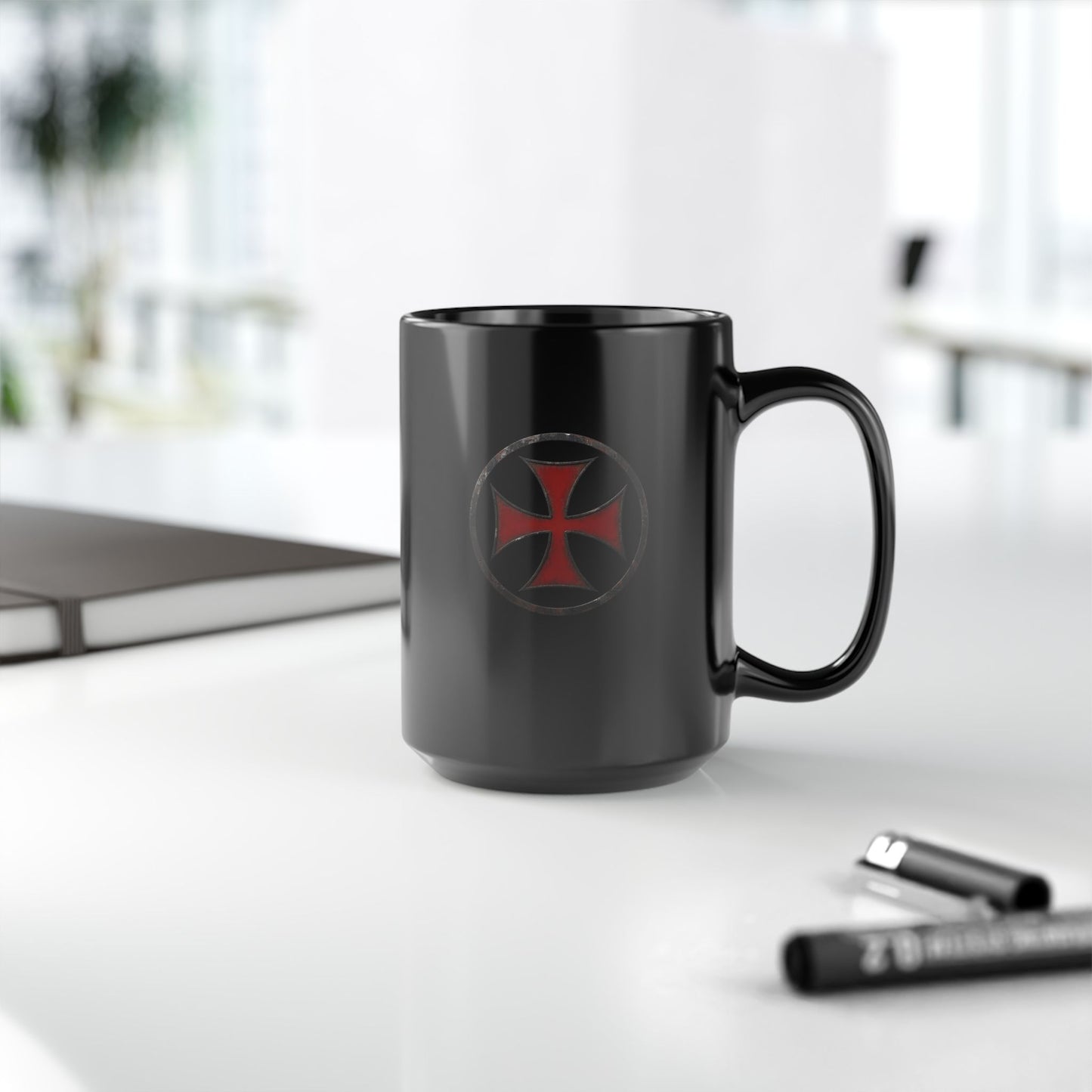 Black Ceramic Mug with Red Iron Cross Emblem – Gothic Coffee Cup (11oz, 15oz)