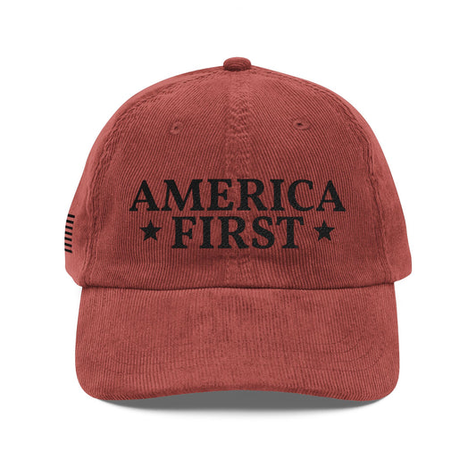 America First Vintage Corduroy Cap — Embroidered Patriotic Baseball Hat