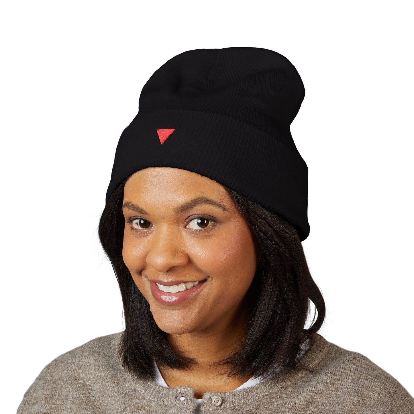 Embroidered Red Triangle Beanie — Classic Cuffed Knit Hat