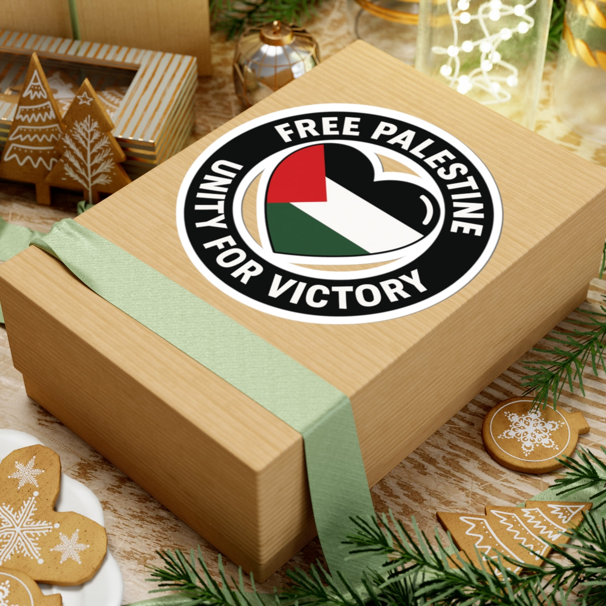 Free Palestine Kiss-Cut Sticker — Unity for Victory Heart Flag