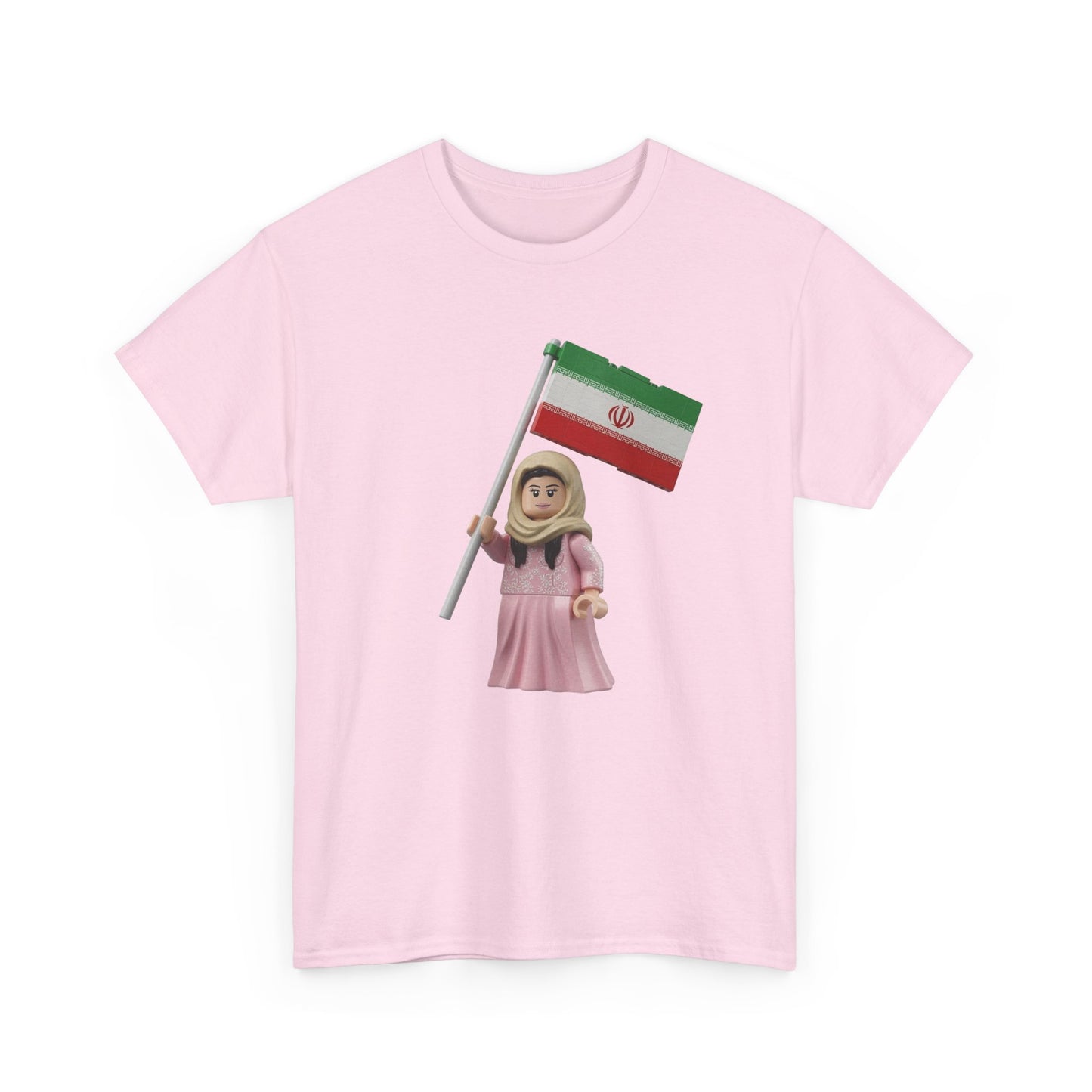 Iran Flag Girl T‑Shirt — Cute Lego‑Style Figure Holding Iranian Flag