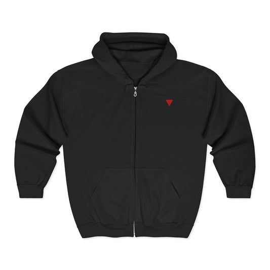 Full Zip Hoodie — Minimal Red Triangle Chest Logo