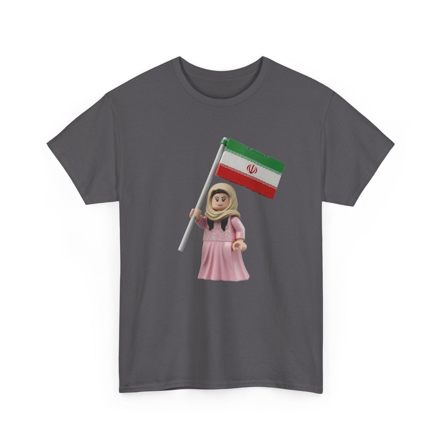 Iran Flag Girl T‑Shirt — Cute Lego‑Style Figure Holding Iranian Flag