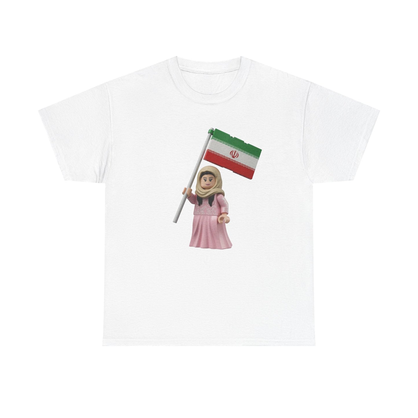 Iran Flag Girl T‑Shirt — Cute Lego‑Style Figure Holding Iranian Flag