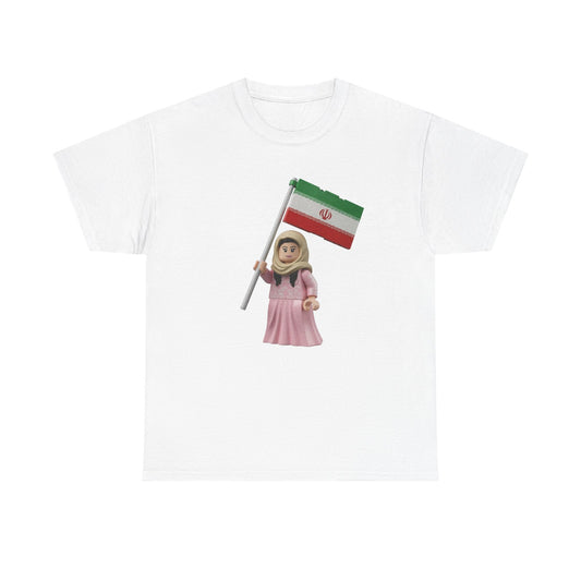 Iran Flag Girl T‑Shirt — Cute Lego‑Style Figure Holding Iranian Flag